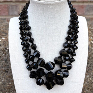 Vintage West Germany Black Triple Strand Acrylic Beaded Necklace Silver Tone 15"